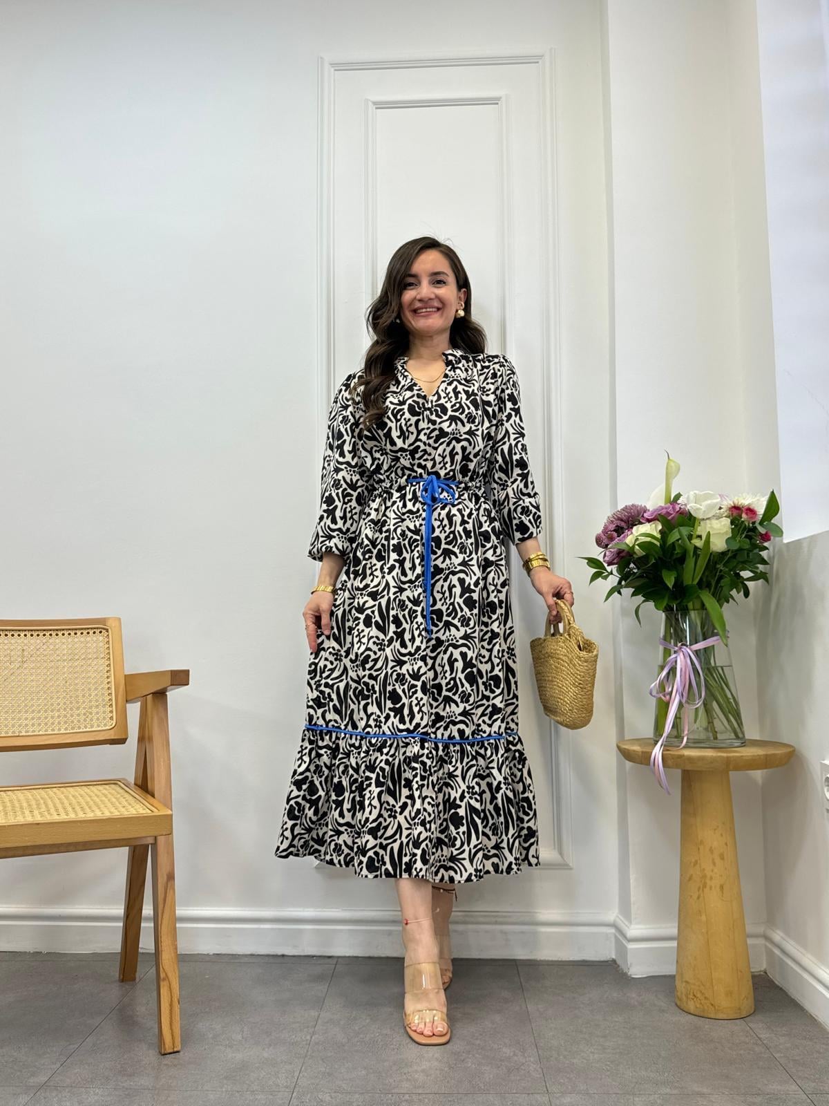 Siyah Mavi Biye Detaylı Salaş Elbise 28554