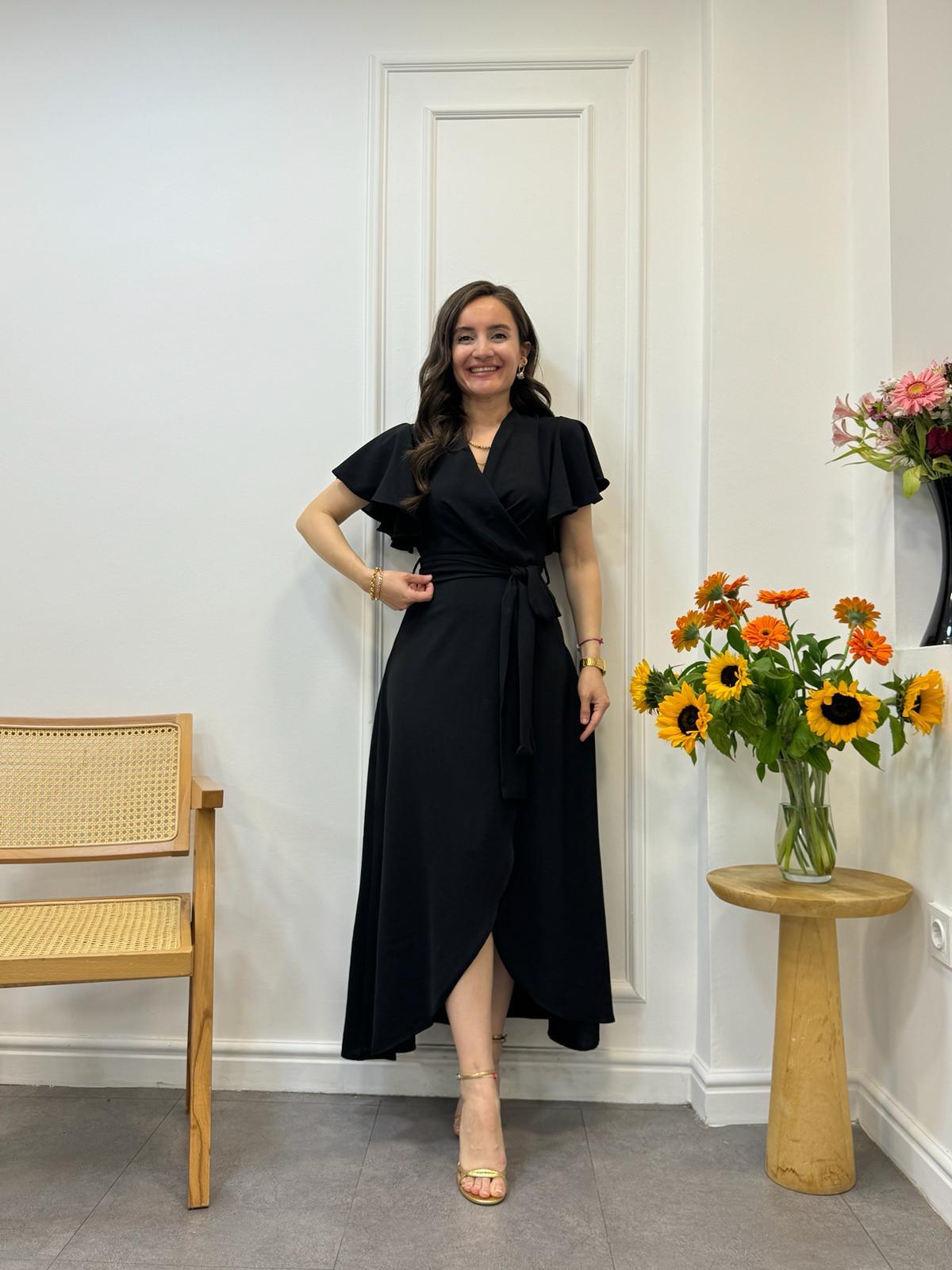 Siyah Midi Boy Anvelop Elbise 3095