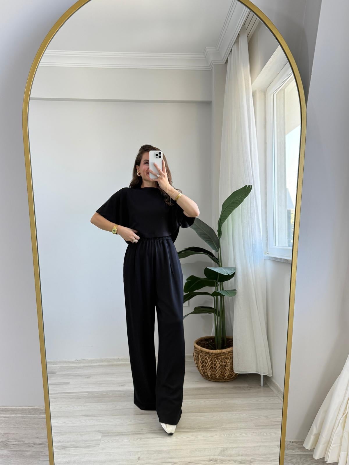 Siyah Modal Kumaş Tasarım Bluz Pantolon Takım 1201