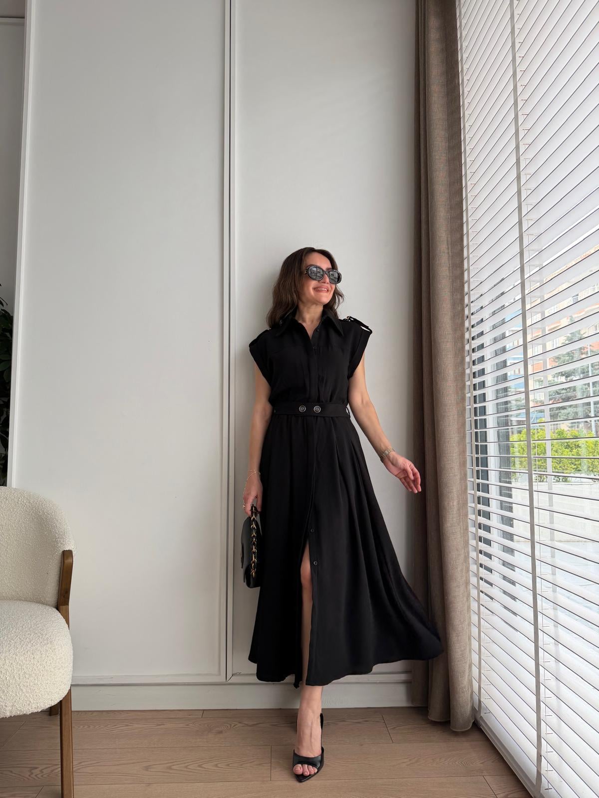 Siyah Omuz Detaylı Bel Lastik Kuşaklı Elbise 37211