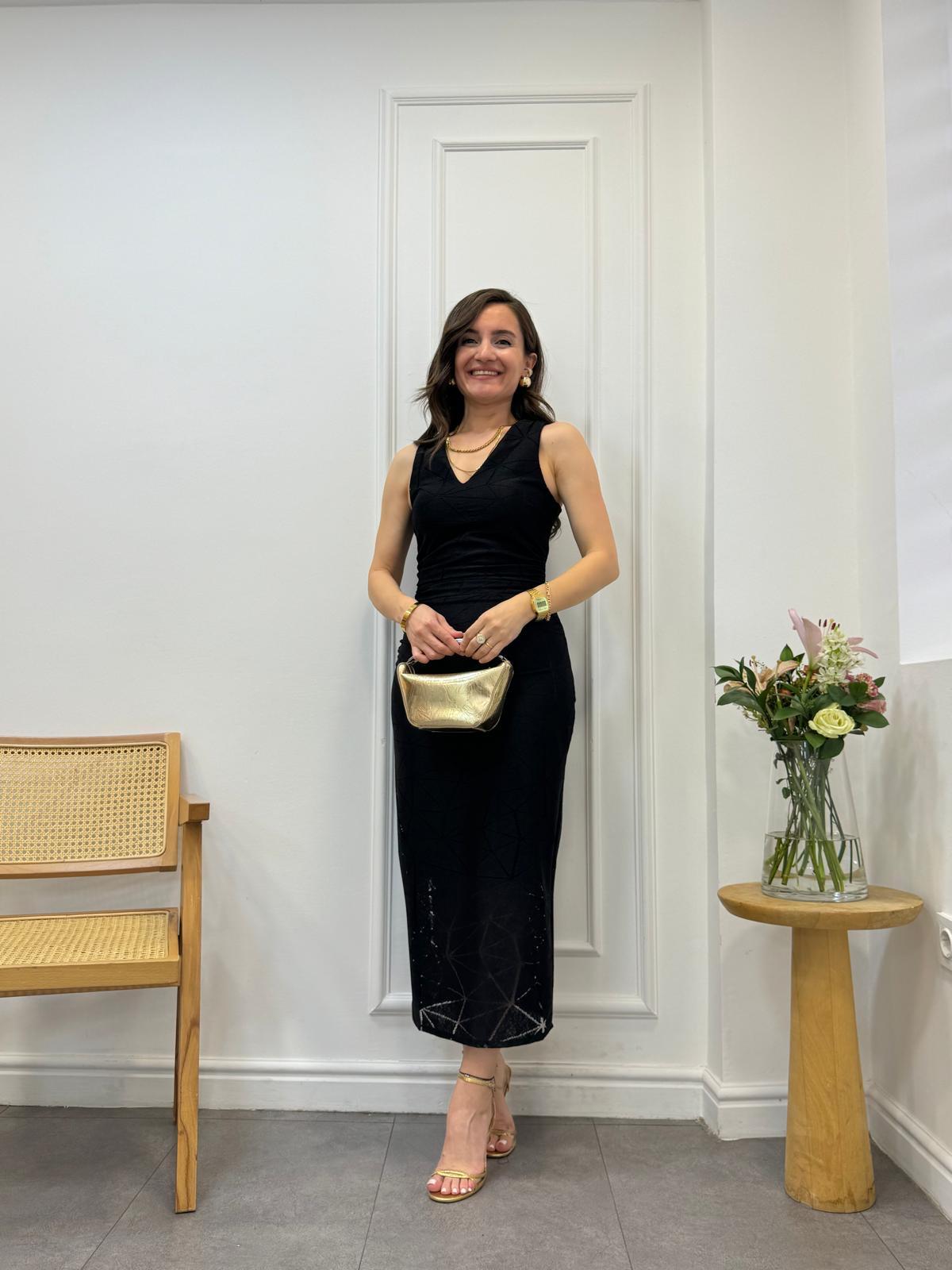 Siyah Ön Arka V Yaka Astarlı Dantel Elbise 3497