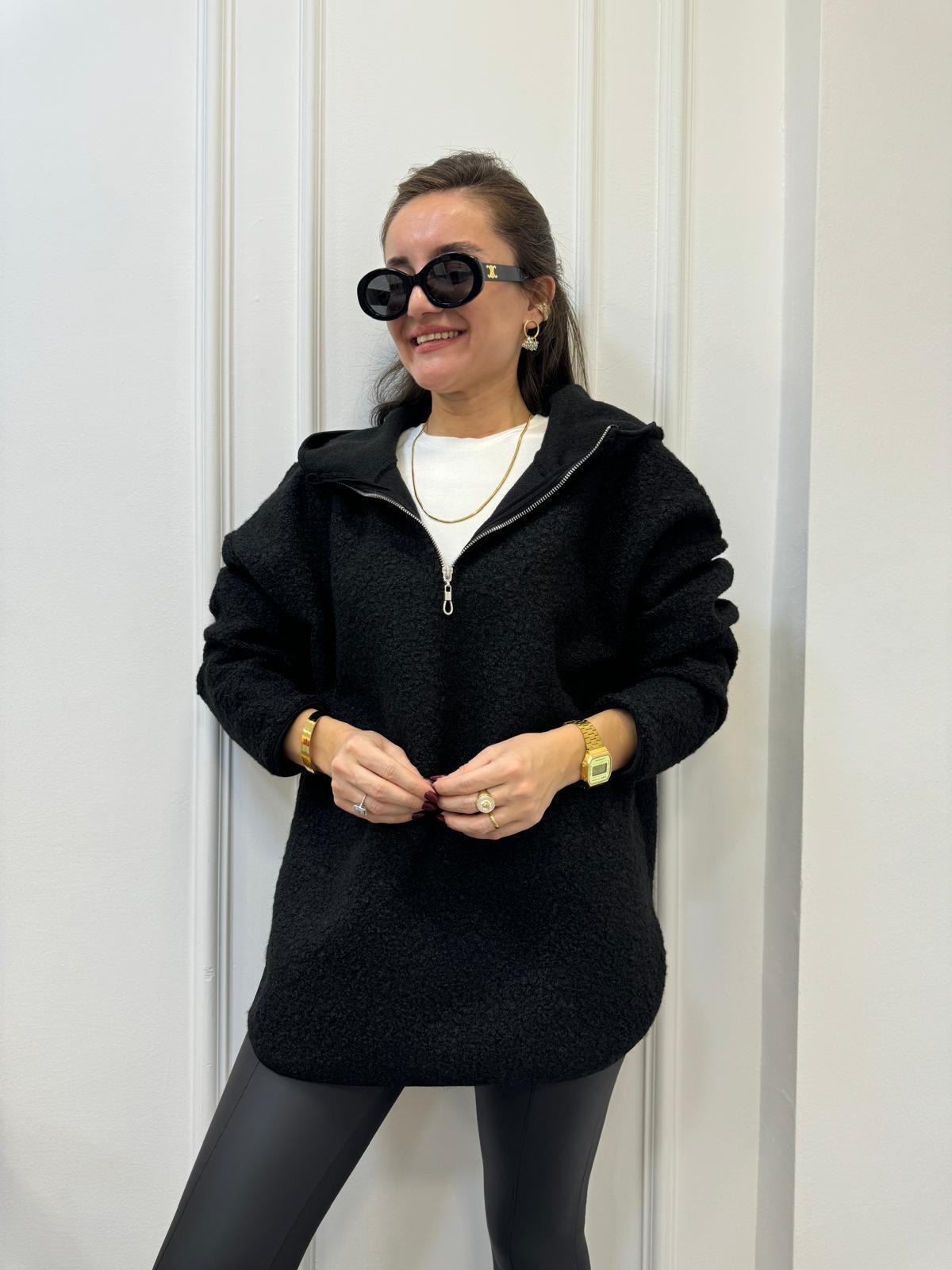 Siyah Ön Fermuar Detaylı Kapüşonlu Teddy Sweatshırt 8046