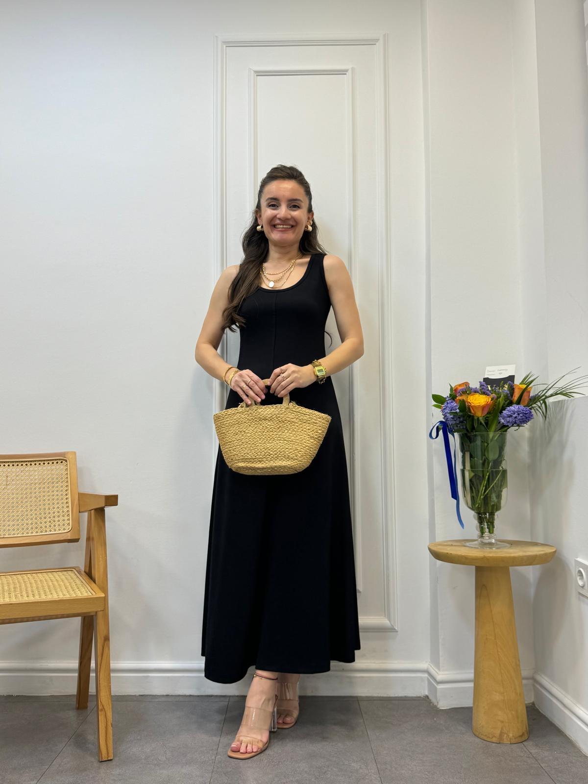 Siyah Önü Dikişli Askılı Elbise 9098