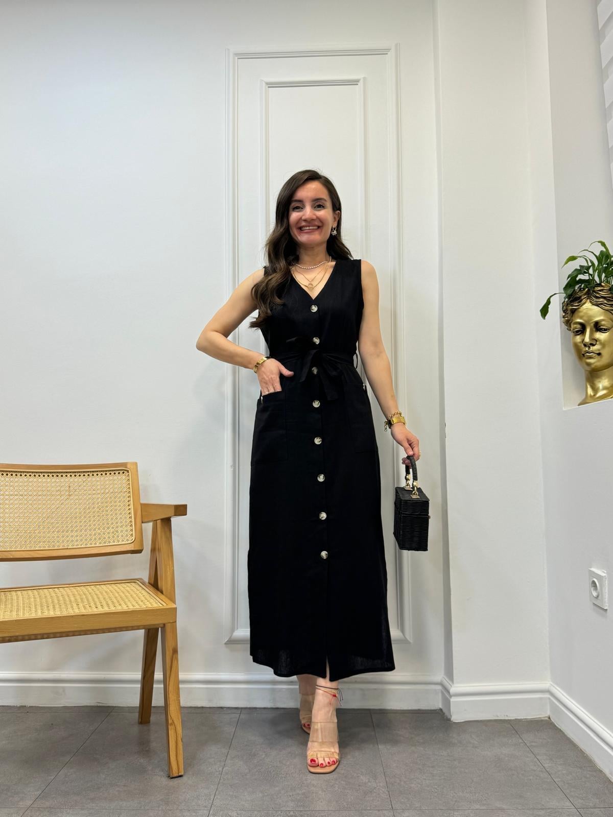 Siyah Önü Düğmeli Naturel Keten Sıfır Kol Elbise 3171