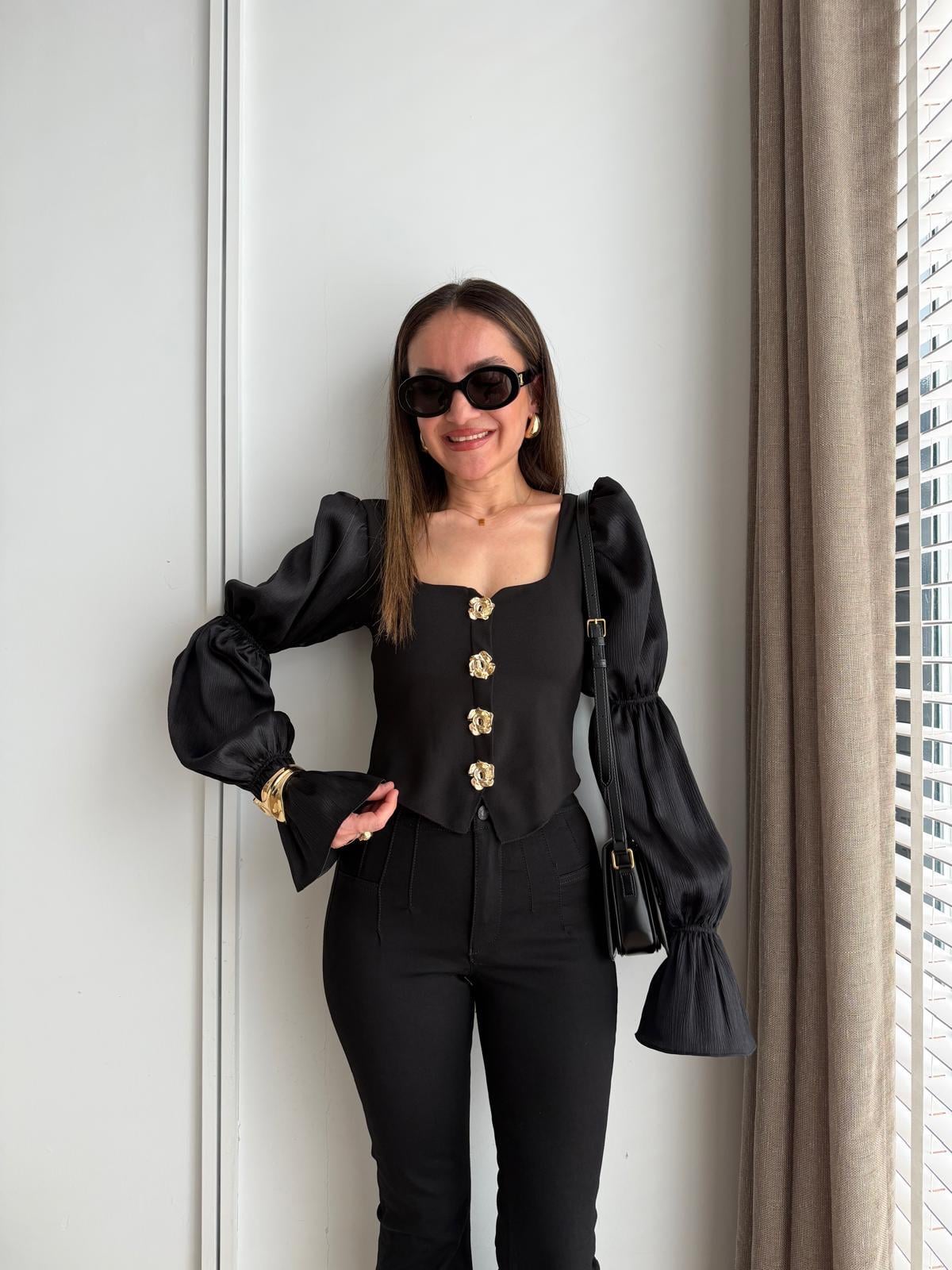 Siyah Organze Kol Gold Düğmeli Büstiyer 252188