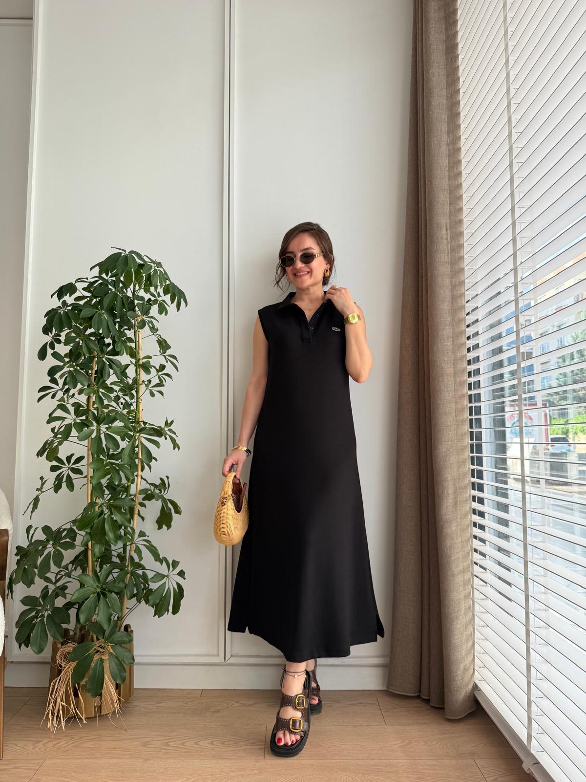 Siyah Orjinal Marka Polo Yaka Modal Kumaş Elbise S01