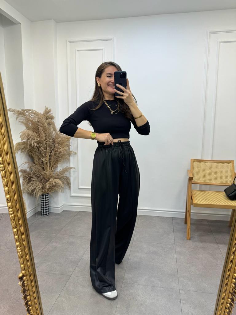 Siyah Örme Deri Palazzo Pantolon 50907