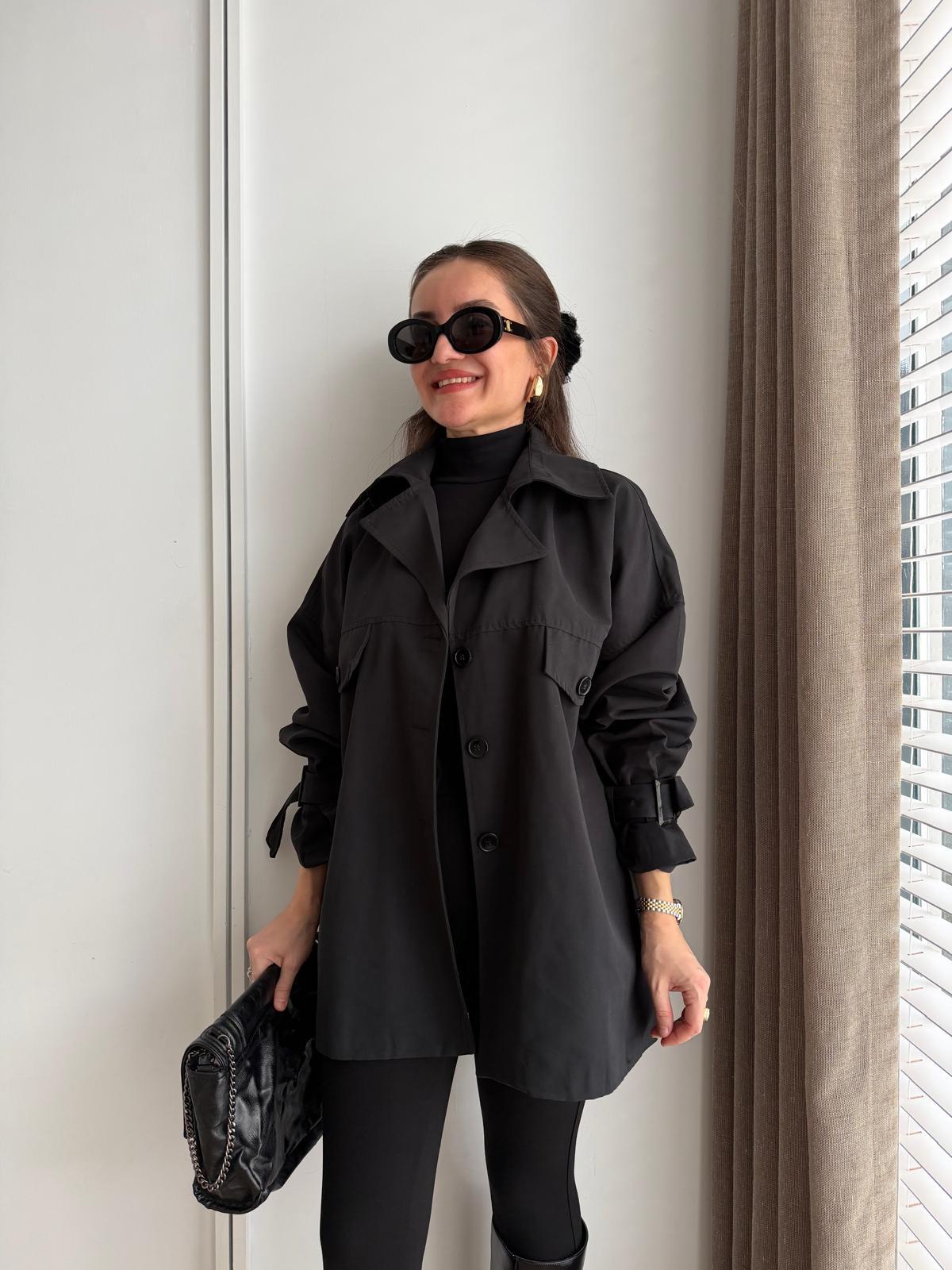Siyah Oversize Kol Kemerli Trençkot T01