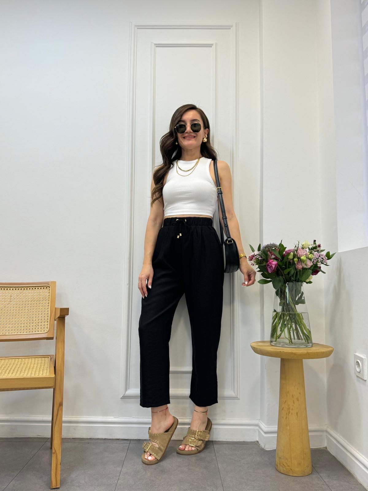 Siyah Özel Dokulu Beli Lastikli Pantolon 2014