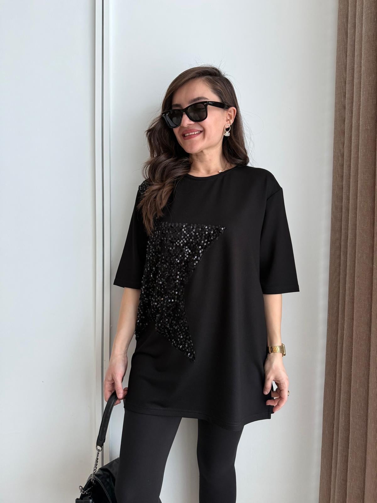 Siyah Payet Detaylı Kısa Kol Uzun Tshirt 1802