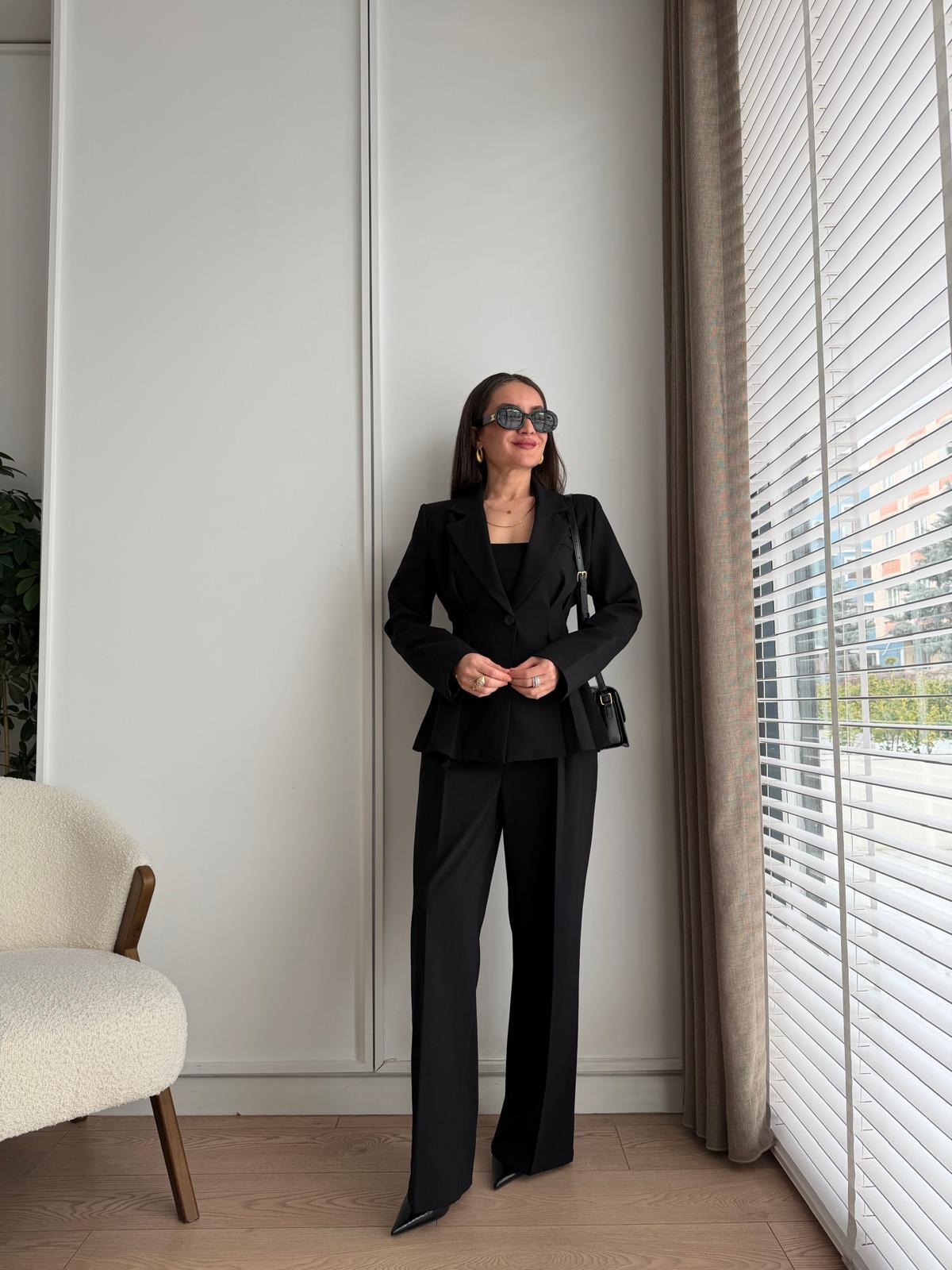 Siyah Pile Detaylı Slimfit Ceket Pantolon Takım 8884
