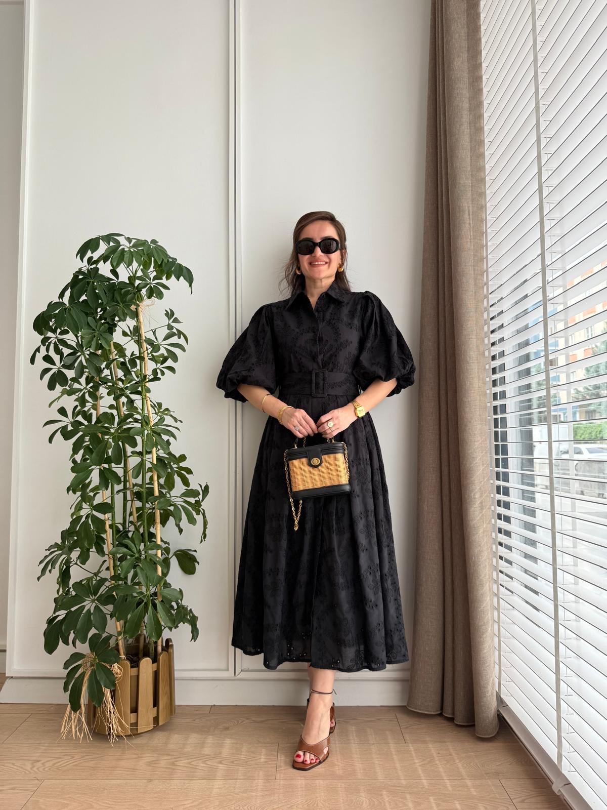 Siyah Pileli Balon Kol Elbise 8085