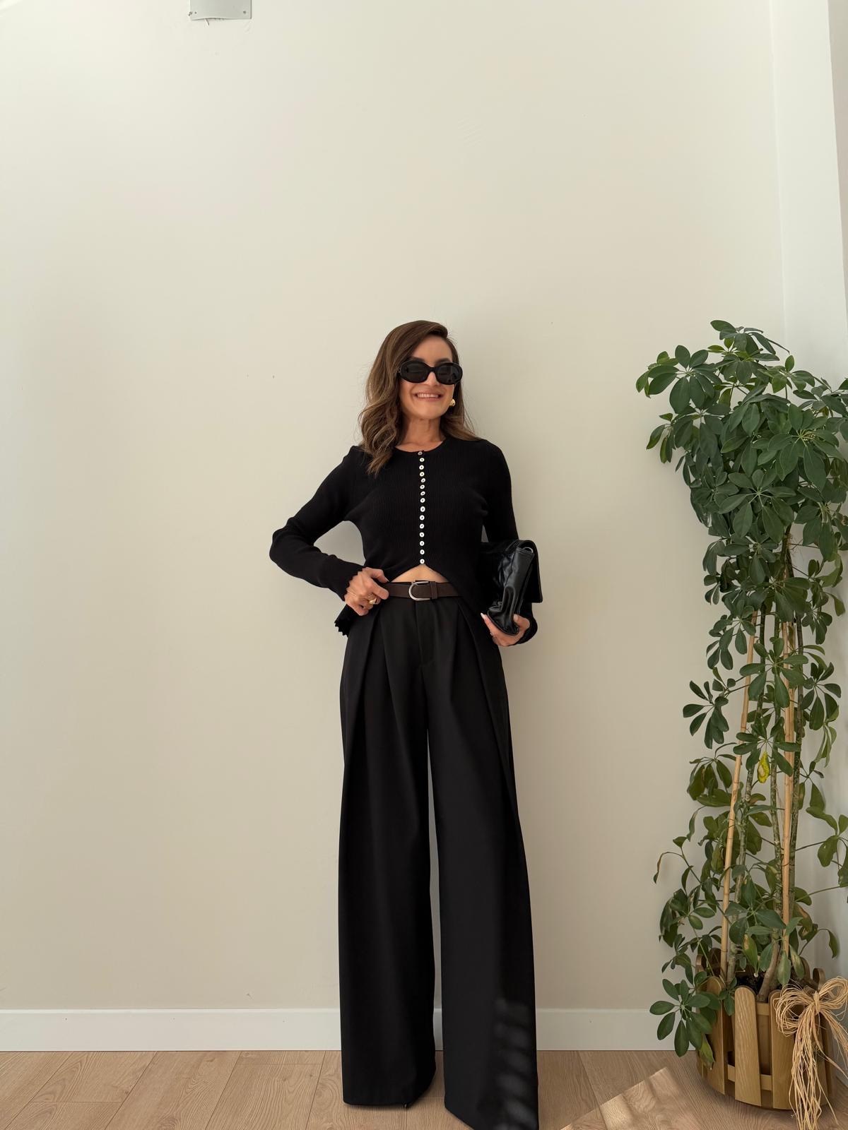 Siyah Pileli Kemerli Palazzo Pantolon 17549