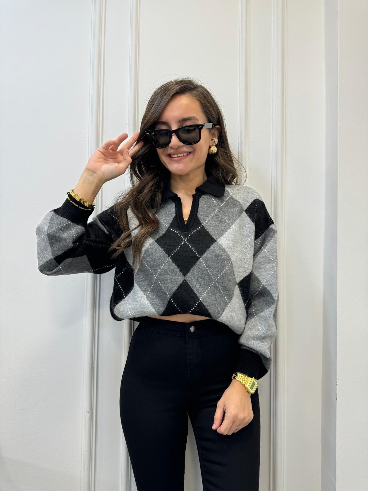 Siyah Polo Yaka Baklava Desen Triko Bluz 4255