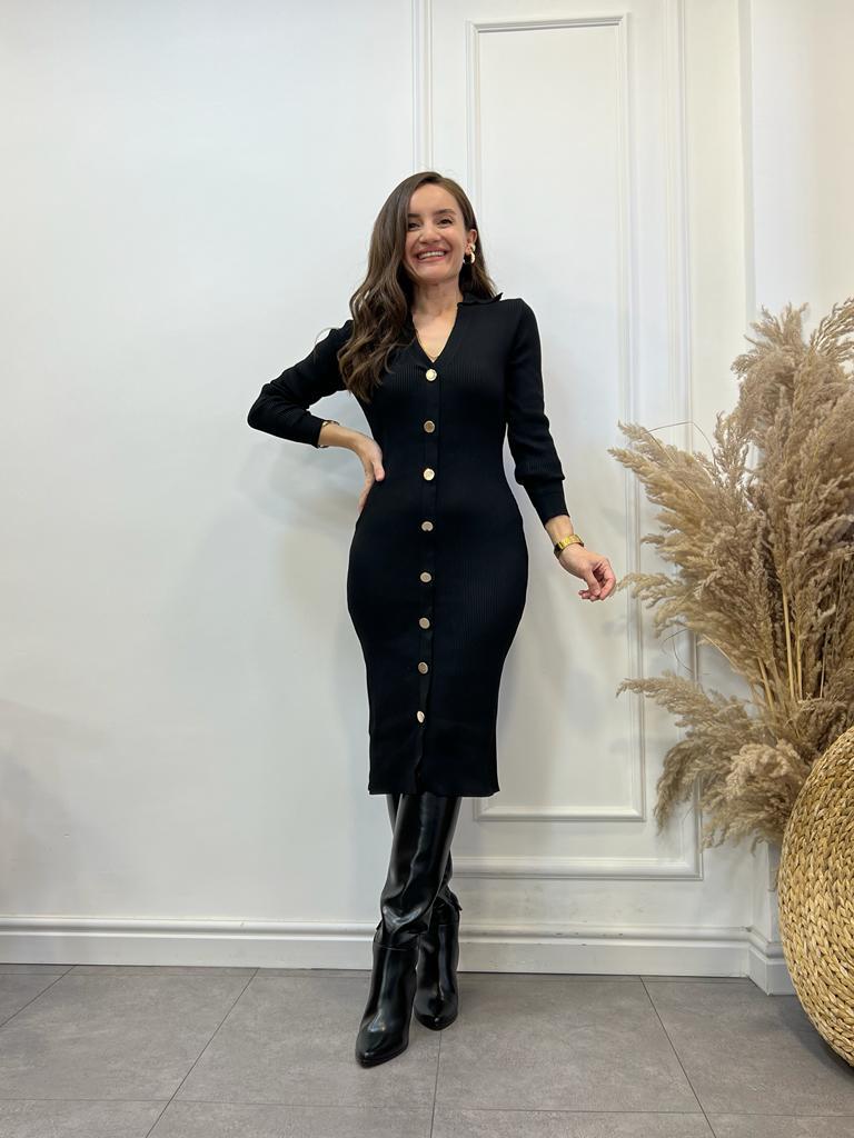 Siyah Polo Yaka Gold Düğme Detaylı Midi Boy Elbise 94148