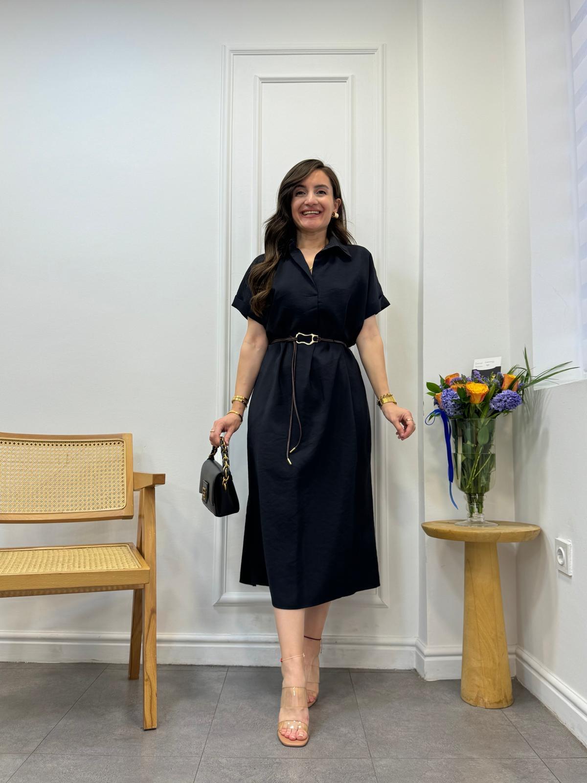 Siyah Polo Yaka Tensel Kumaş Elbise 4653