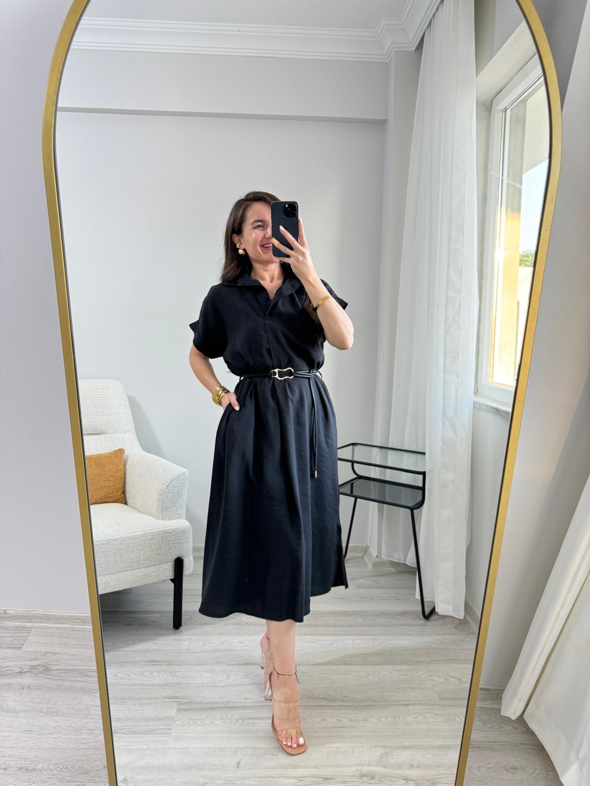 Siyah Polo Yaka Tensel Kumaş Elbise A10