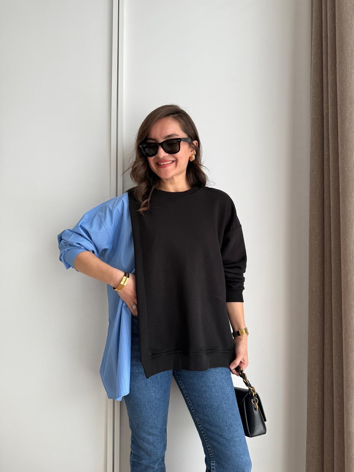 Siyah Poplin Detay Çizgili Tasarım Sweatshırt 1346