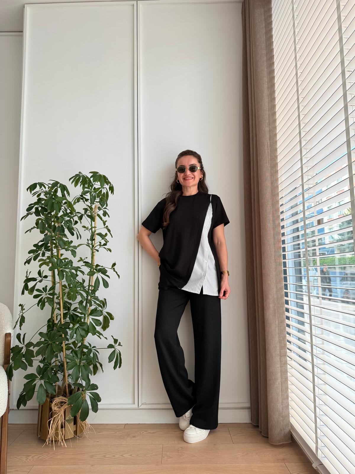 Siyah Poplin Düğme Detaylı Takım 2222