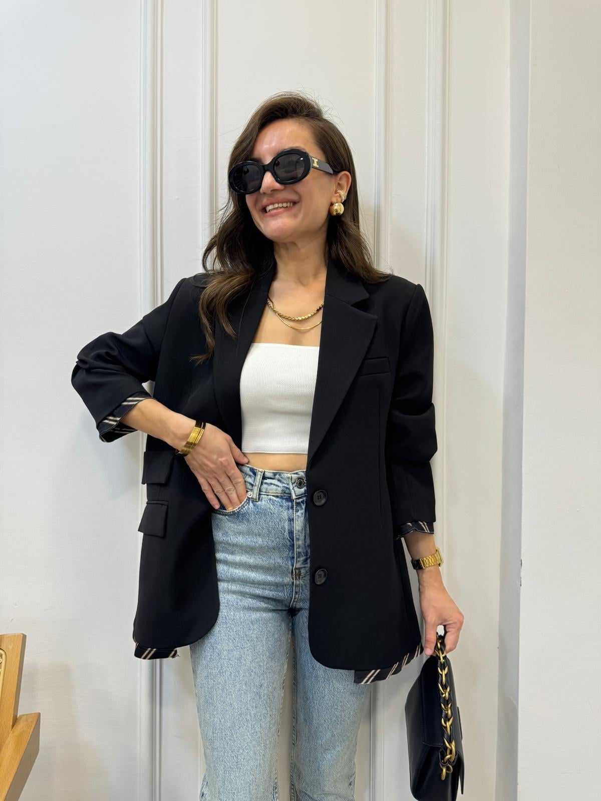 Siyah Premıum Kalite Astar Detaylı Double Kumaş Blazer Ceket 9456