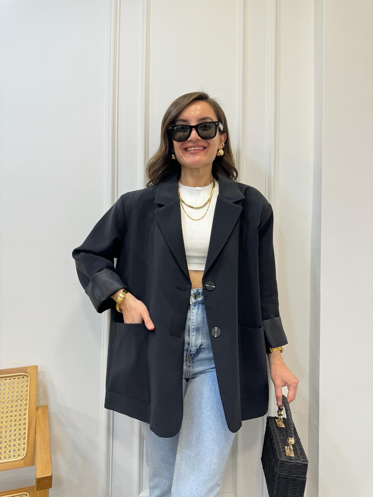 Siyah Premıum Kalite Torba Cep Blazer Ceket 9437