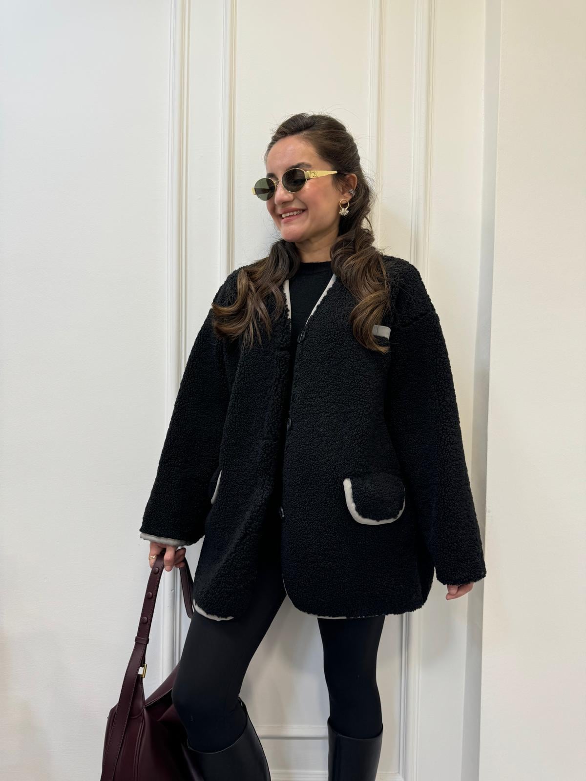 Siyah Premıum Seri Cepli Biyeli Teddy Mont 7397