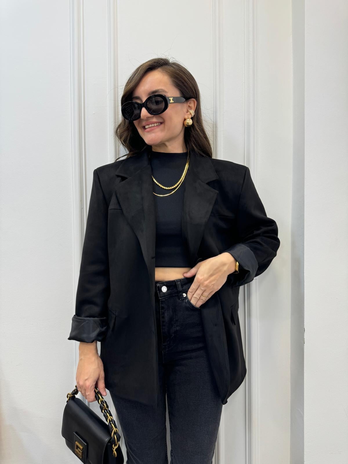 Siyah Premium Seri Çift Cepli Süet Blazer Ceket 2509