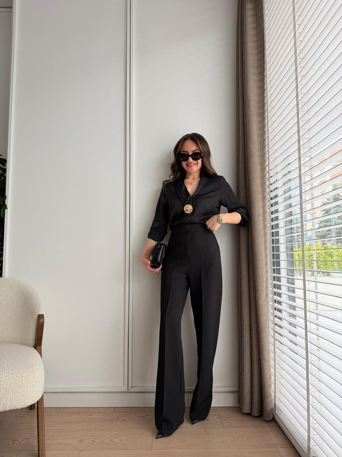 Siyah Premıum Seri Double Atlas Kumaş Palazzo Pantolon 50714