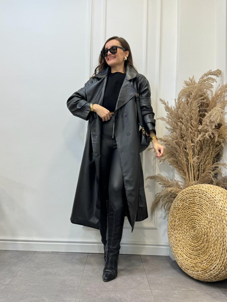 Siyah Premium Seri İthal Vegan Deri Uzun Trençkot 9332