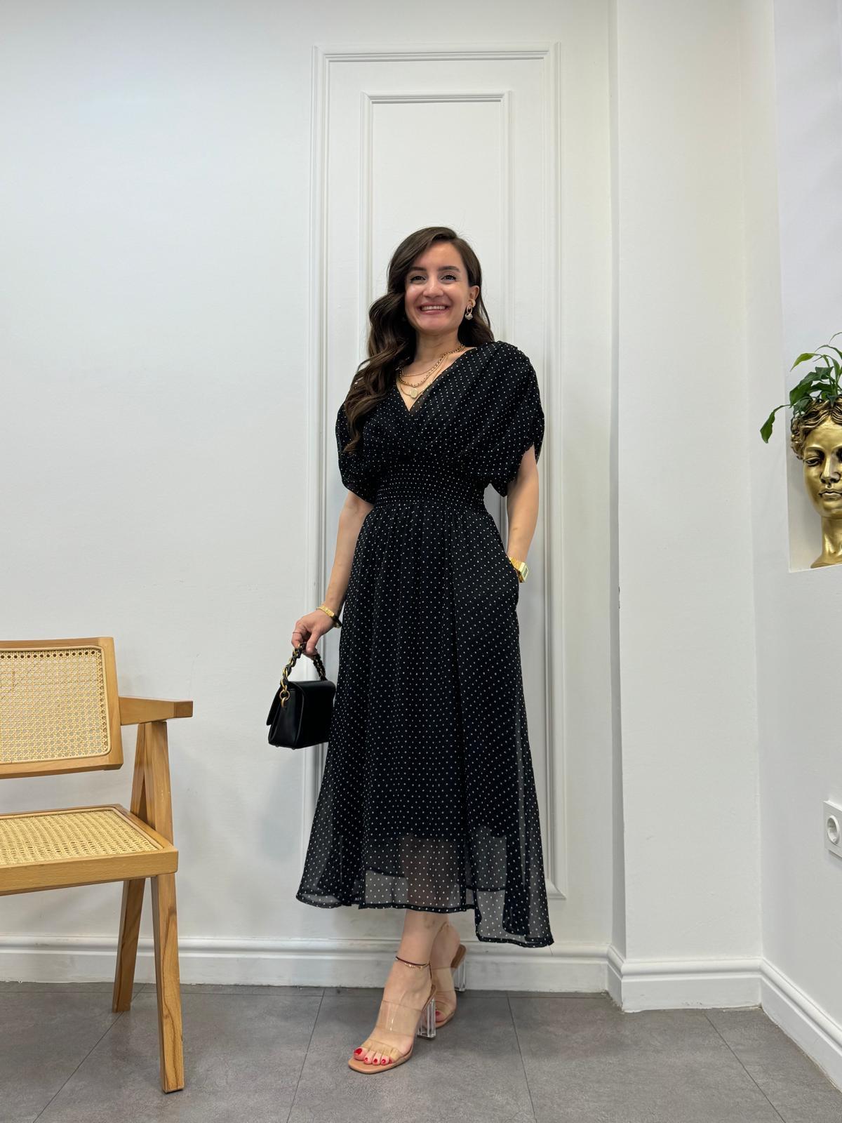 Siyah Puantiyeli Bel Lastikli Kol Detaylı Orjinal Marka Elbise 2717