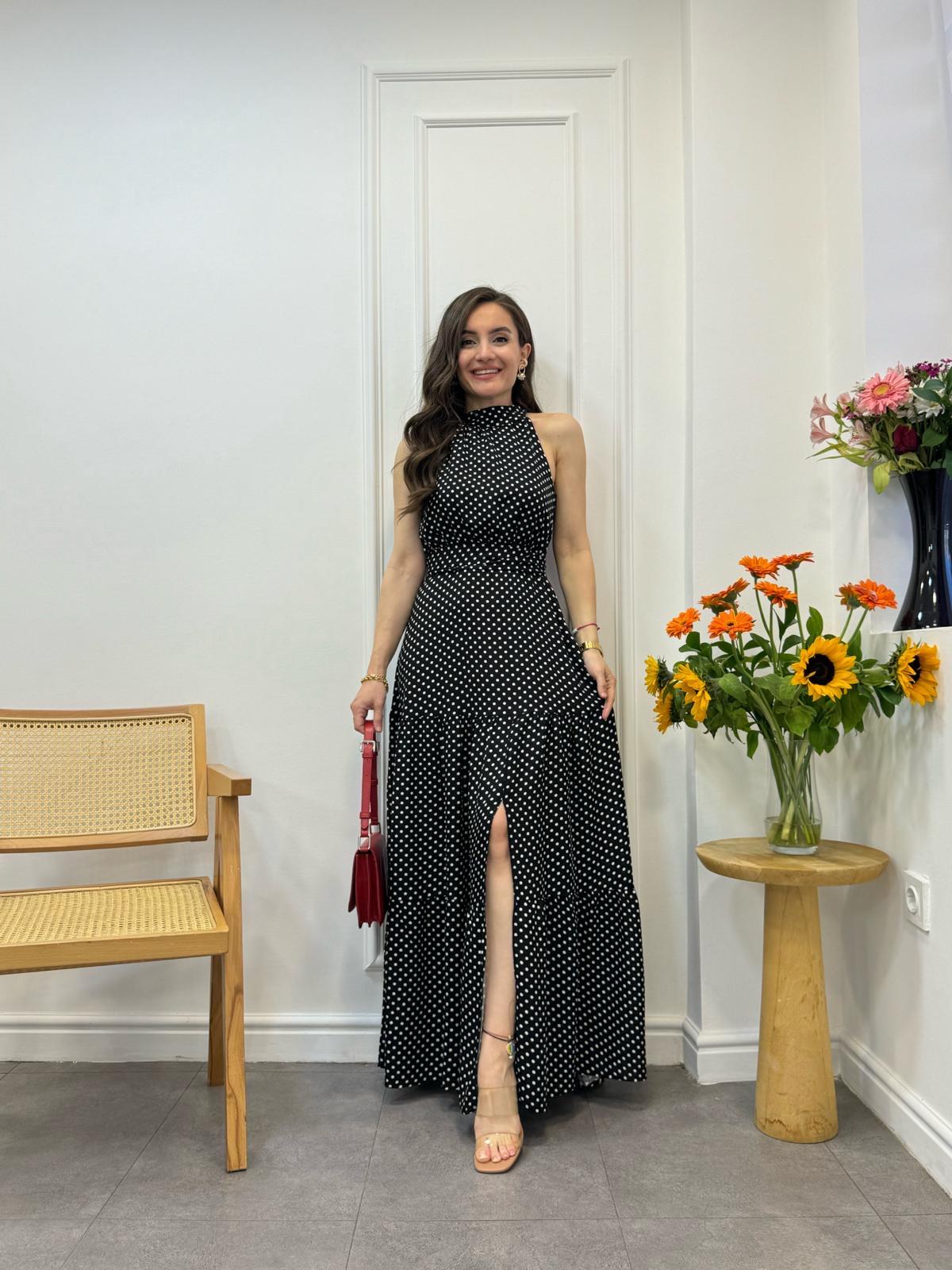Siyah Puantiyeli Halter Yaka Elbise 4233