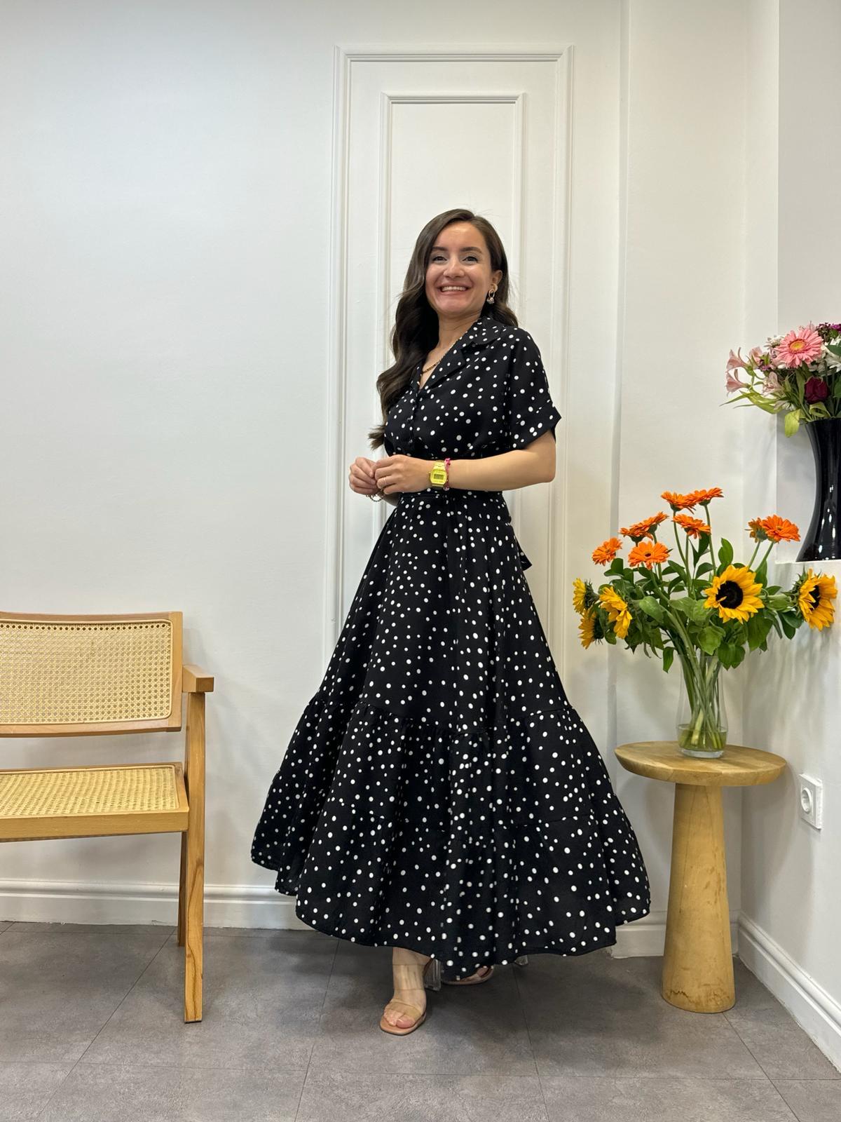 Siyah Puantiyeli Kuşaklı Midi Boy Elbise 9037