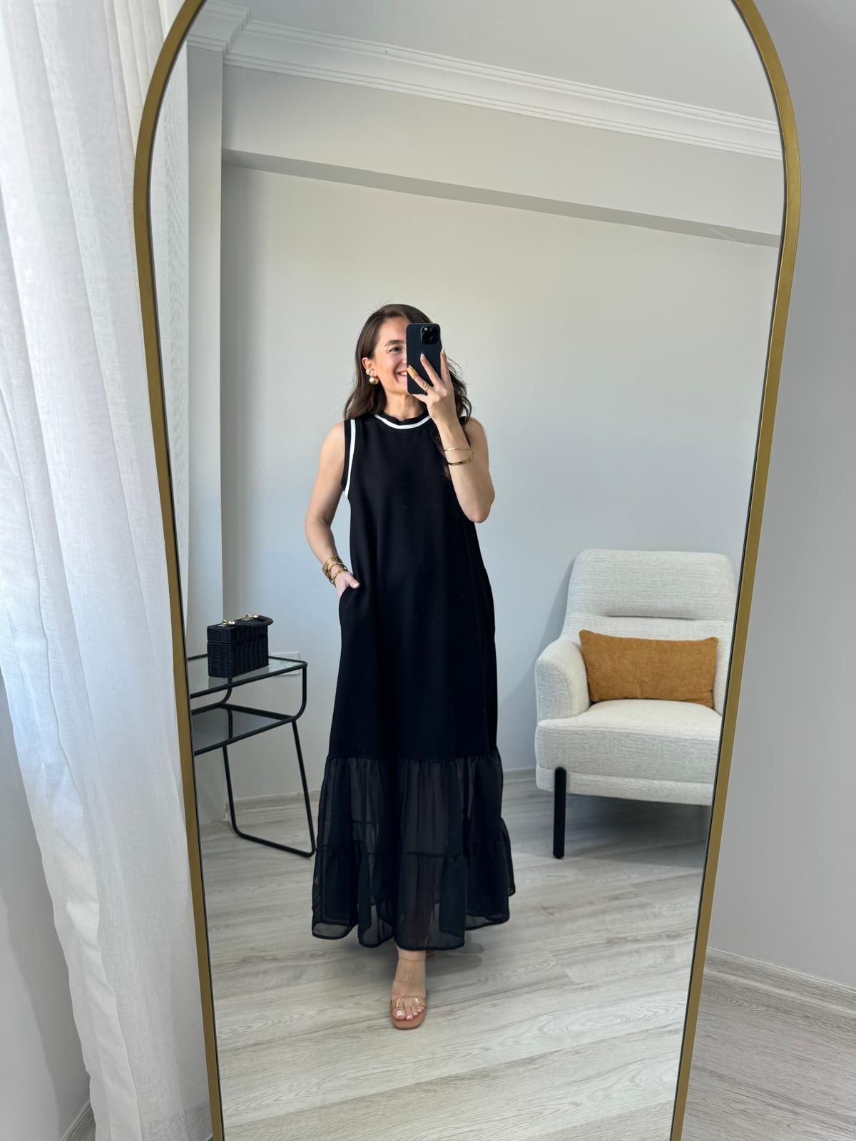 Siyah Şerit Detaylı Eteği Şifon Elbise 9041