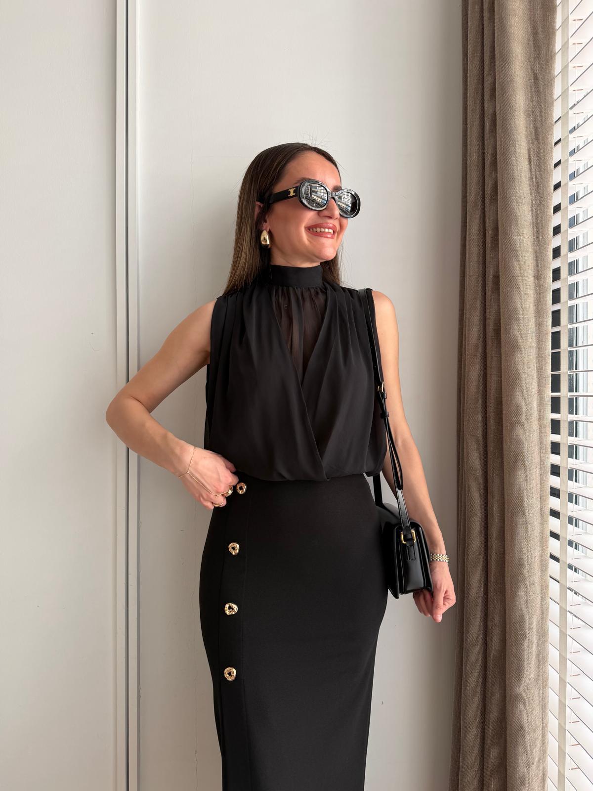 Siyah Sıfır Kol Bel Lastikli Şifon Bluz 37325