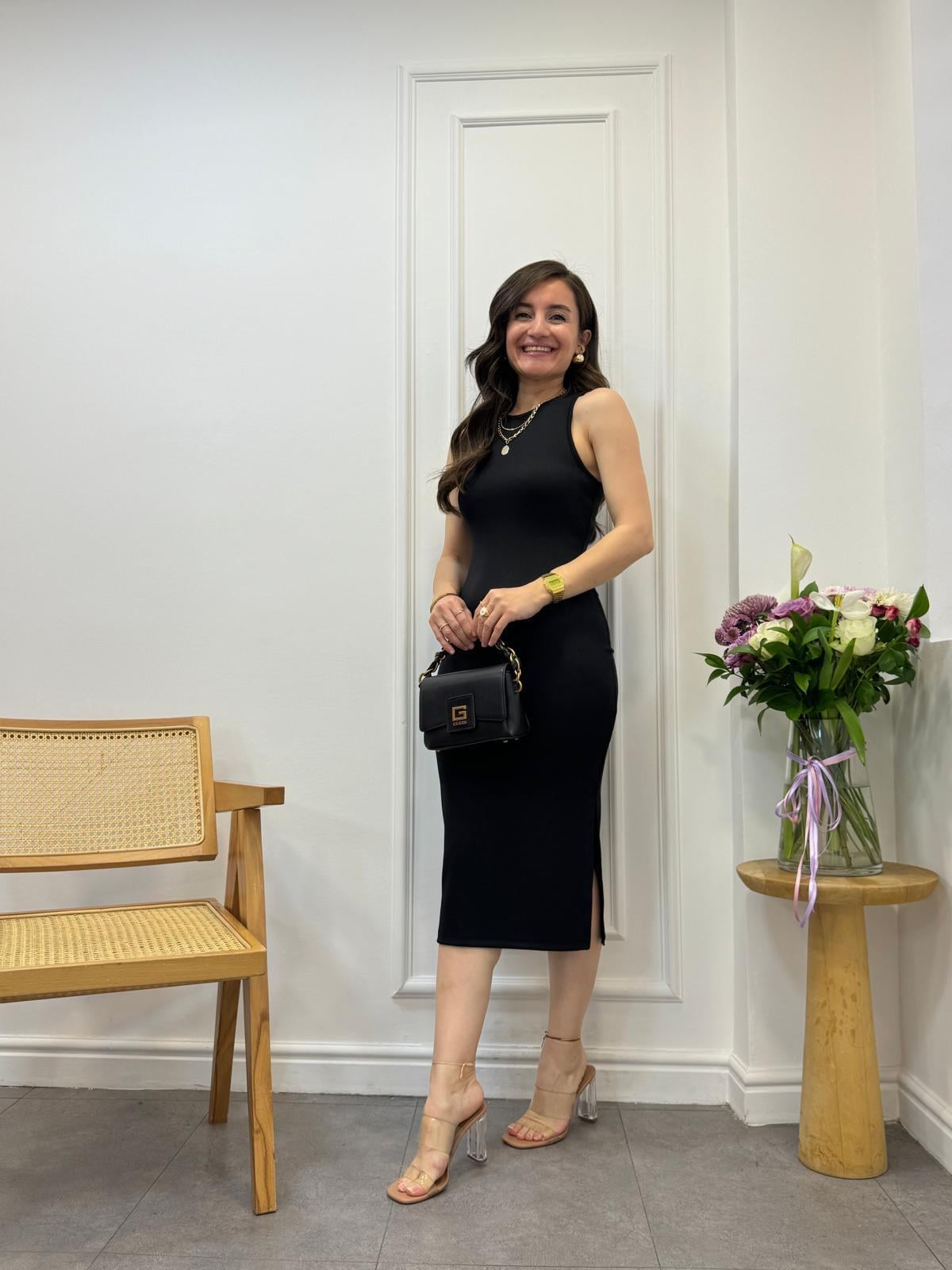 Siyah Sıfır Kol Ottoman Kumaş Elbise 1012