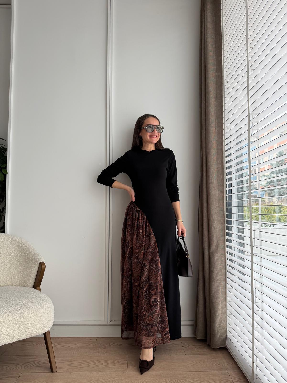 Siyah Şifon Etnik Desenli Elbise 3034