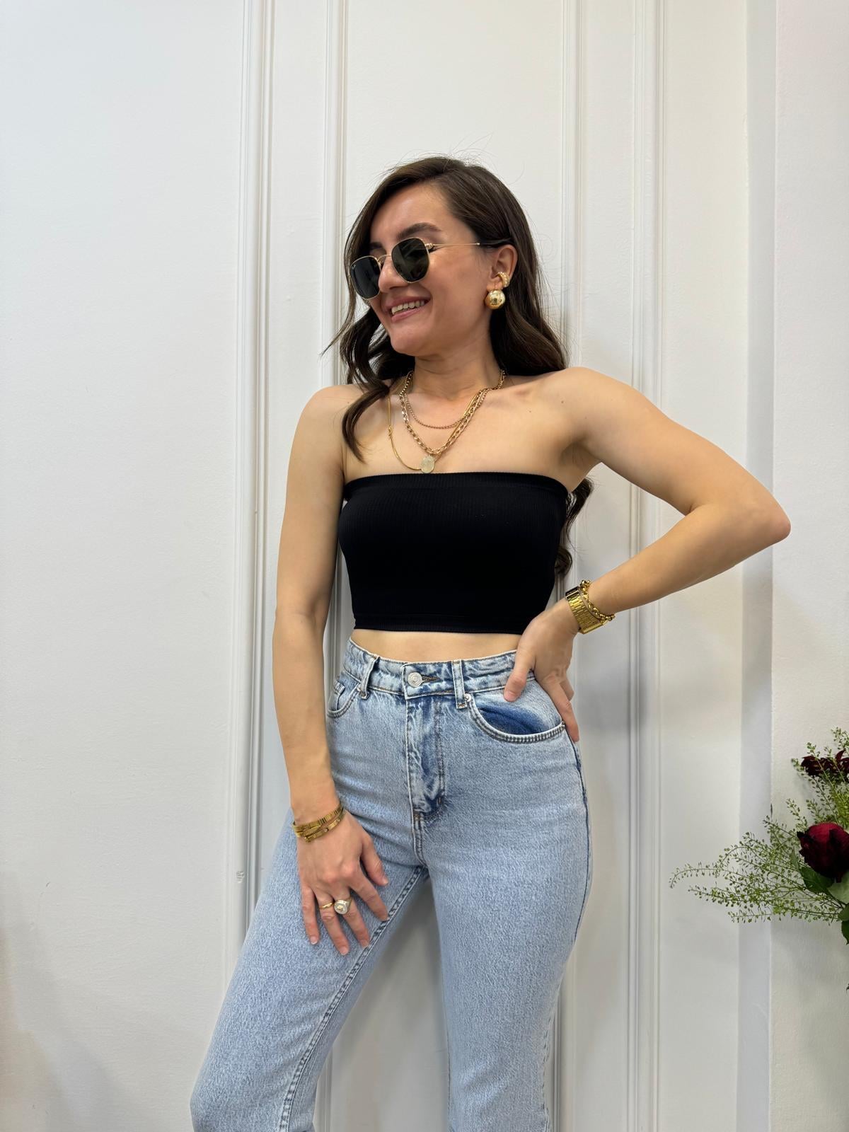 Siyah Straplez Crop 6060