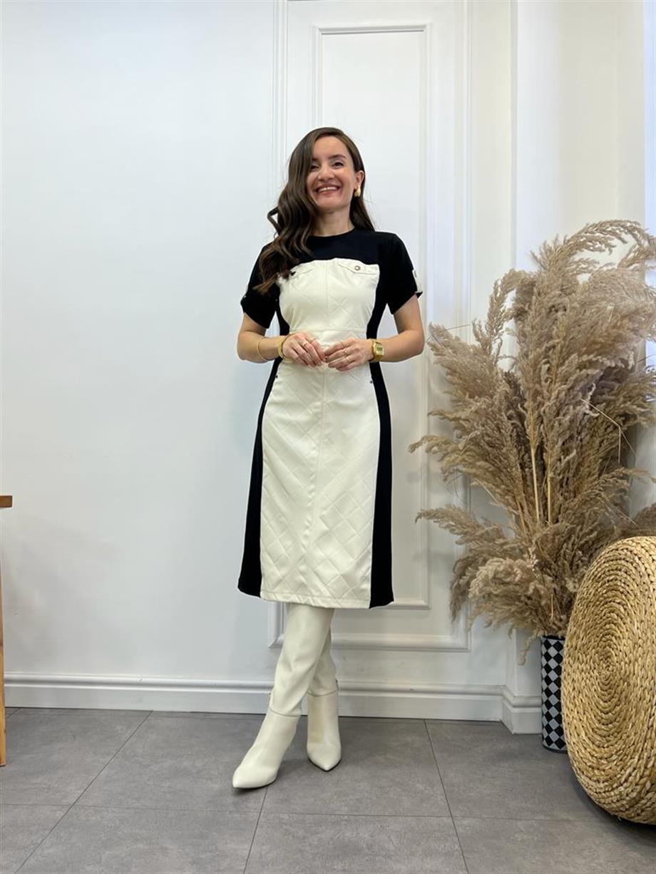 Siyah Taş Deri Detaylı Tasarım Elbise 28134