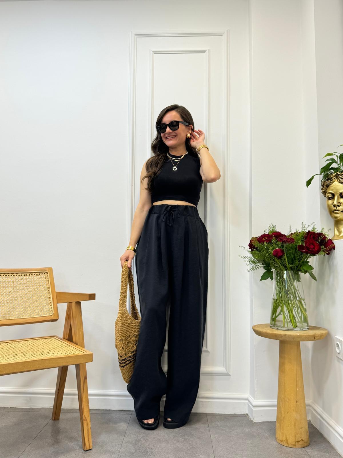 Siyah Tasarım Bel Lastikli Salaş Pantolon 50962