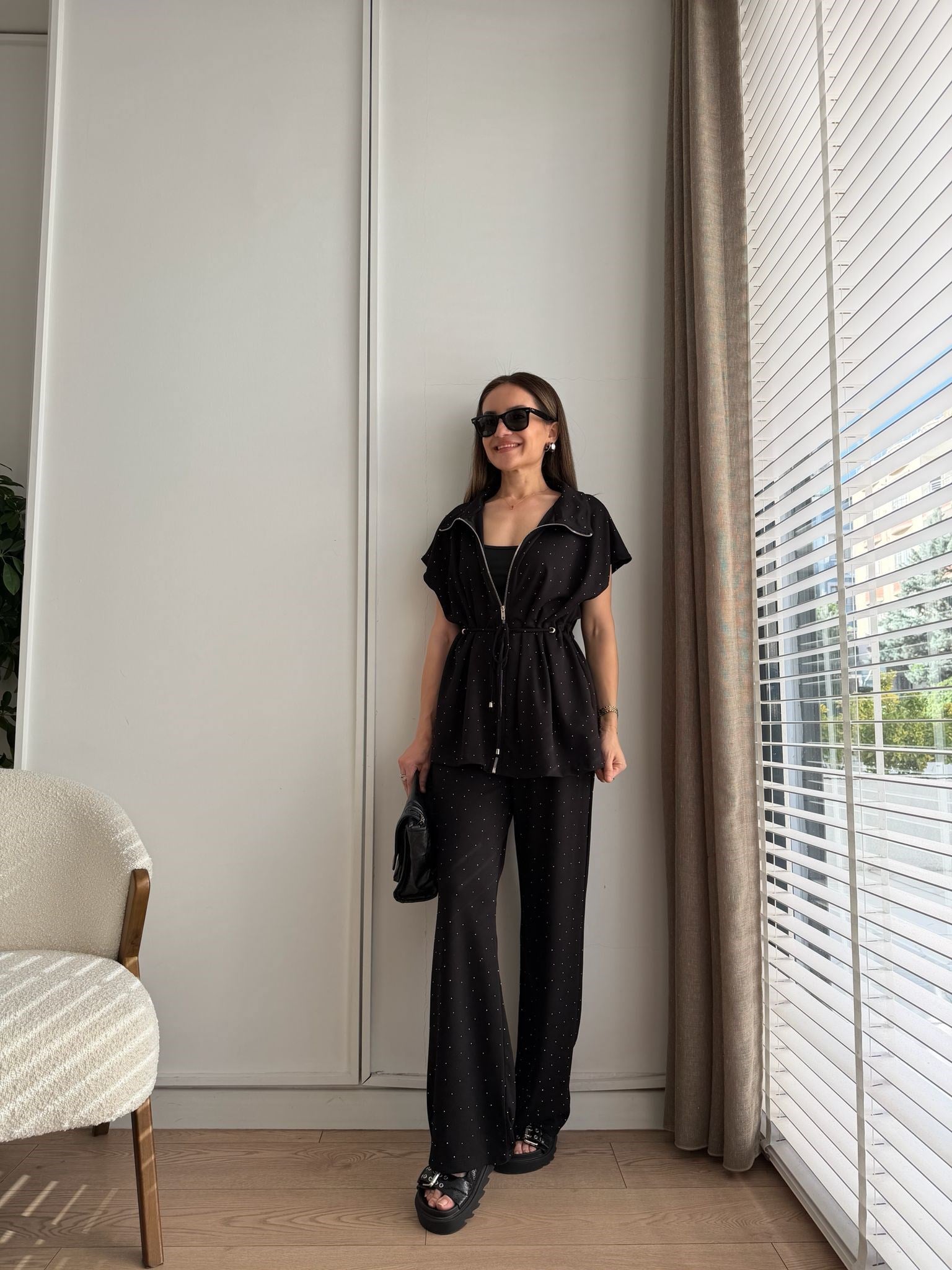 Siyah Taşlı Modal Kumaş Takım 4128