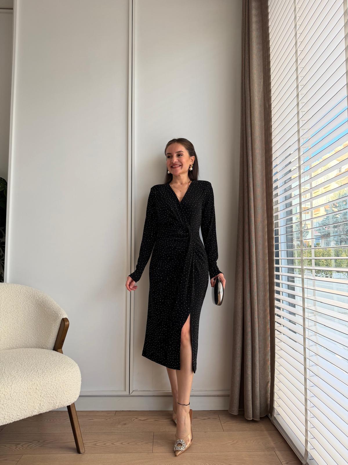 Siyah Taşlı Sim Geçişli Midi Boy Elbise 2699