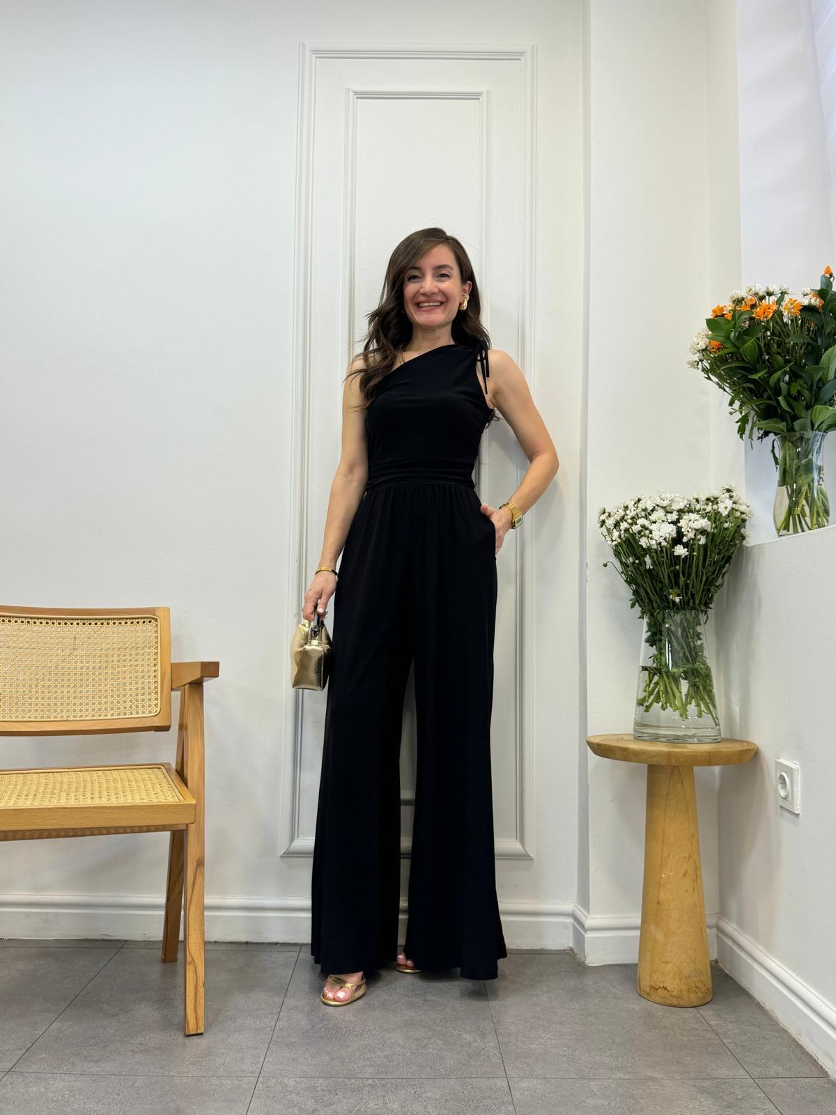 Siyah Tek Omuz Bel Drape Detaylı Tulum 9133