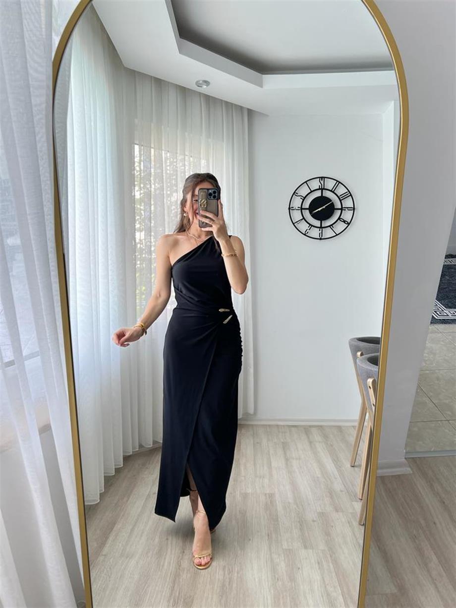 Siyah Tek Omuz Tokalı Elbise 267201