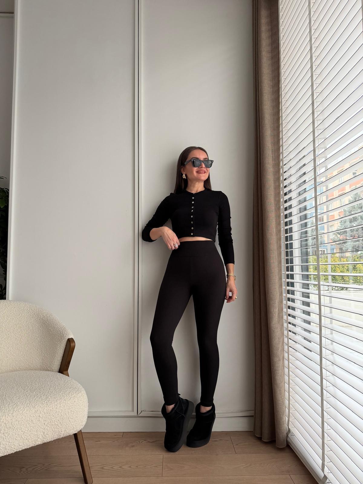 Siyah Toparlayıcı Şardonlu Fitilli Tayt T4279
