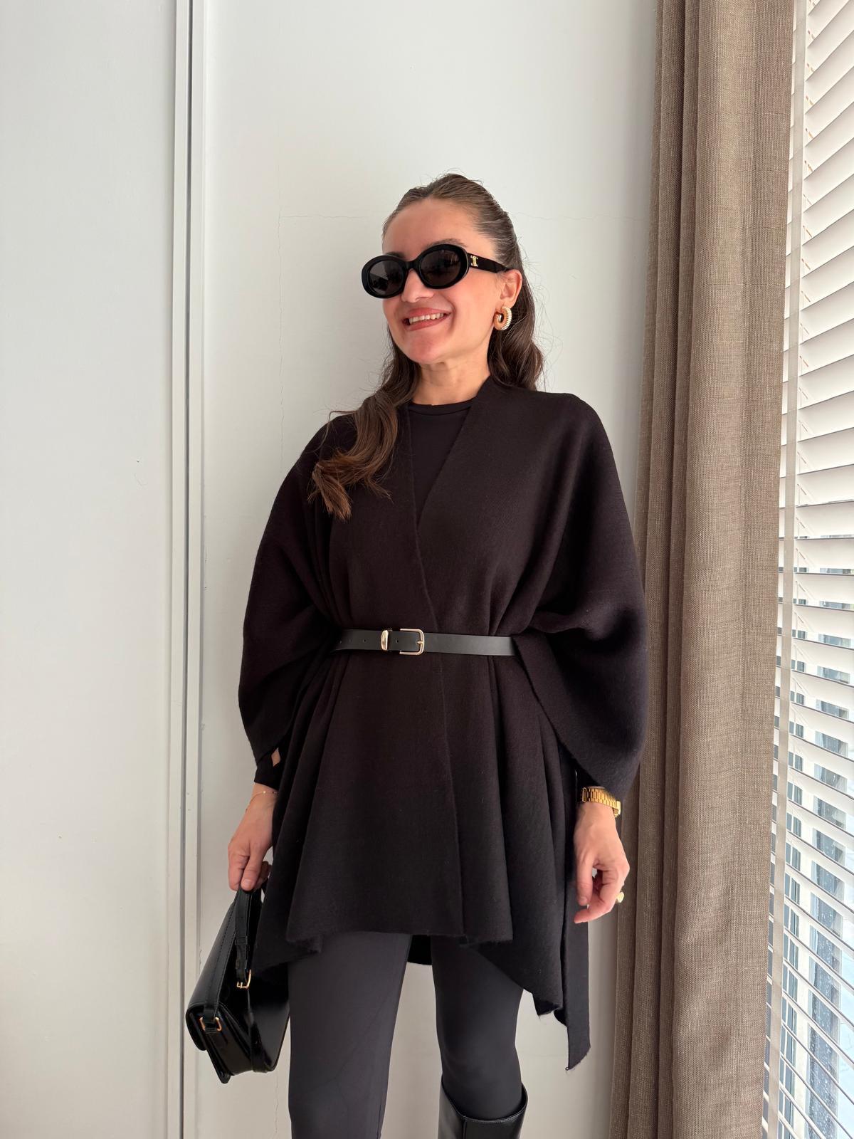 Siyah Triko Kemerli Uzun Panço 36840