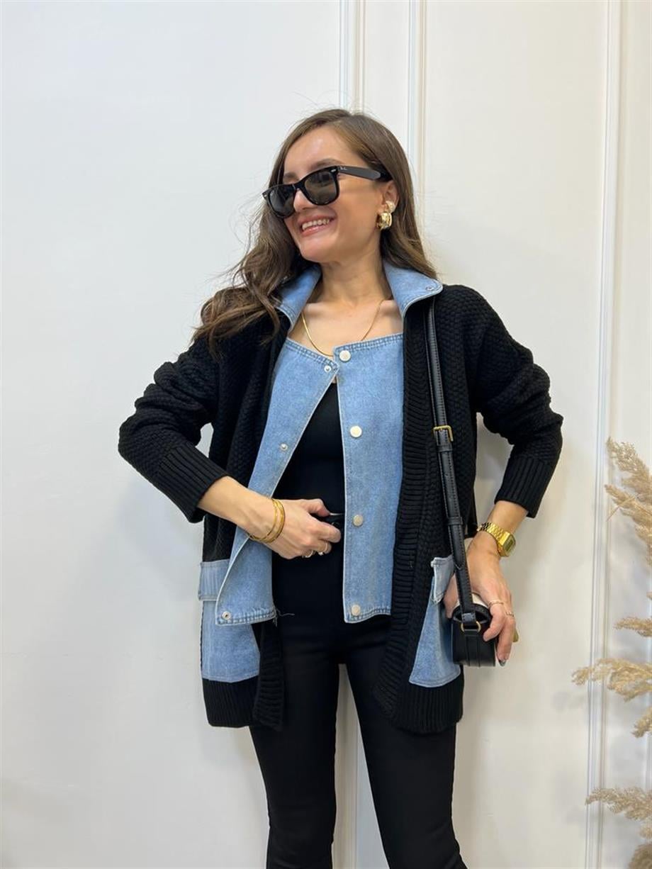 Siyah Triko Kot Detaylı Ceket 0155