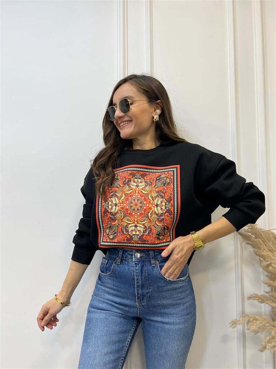 Siyah Turuncu Etnik Desen Baskılı Bisiklet Yaka Sweatshirt 5151