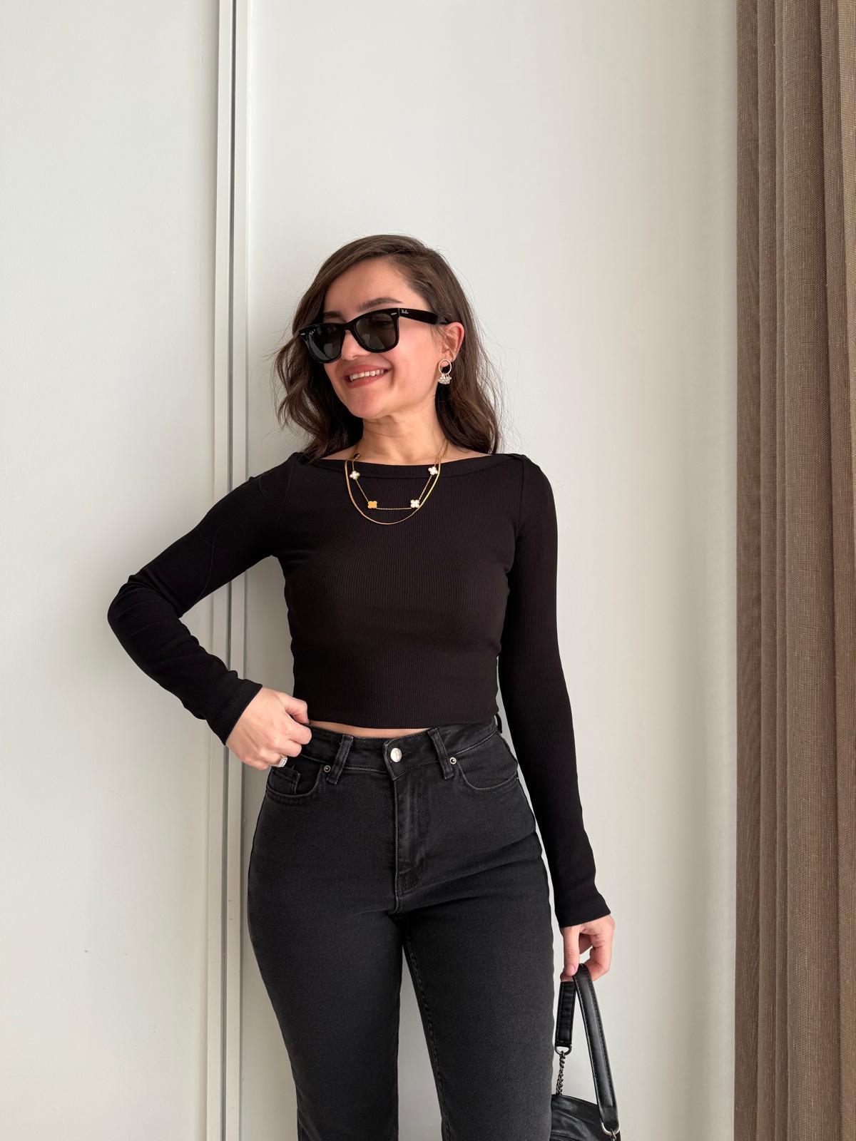 Siyah Uzun Kollu Fitilli Bluz 16513