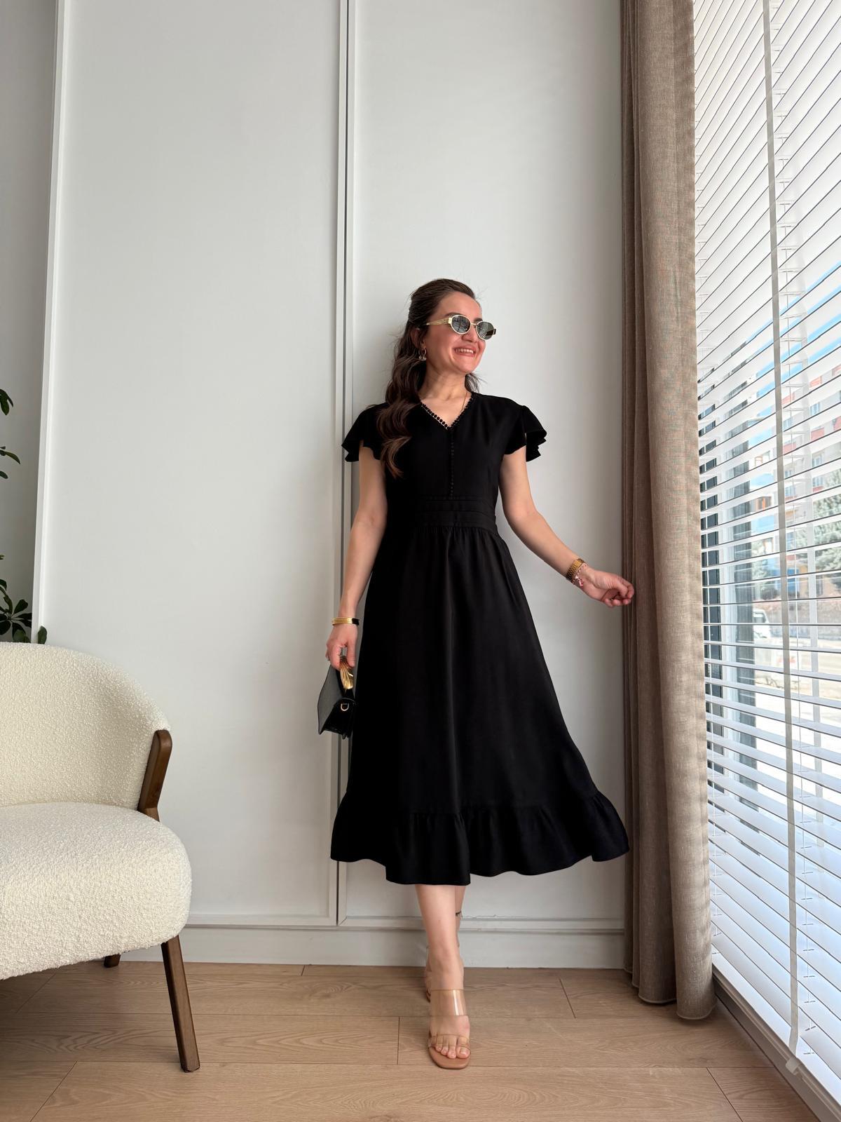 Siyah V Yaka Bel Pileli Midi Boy Elbise 2084