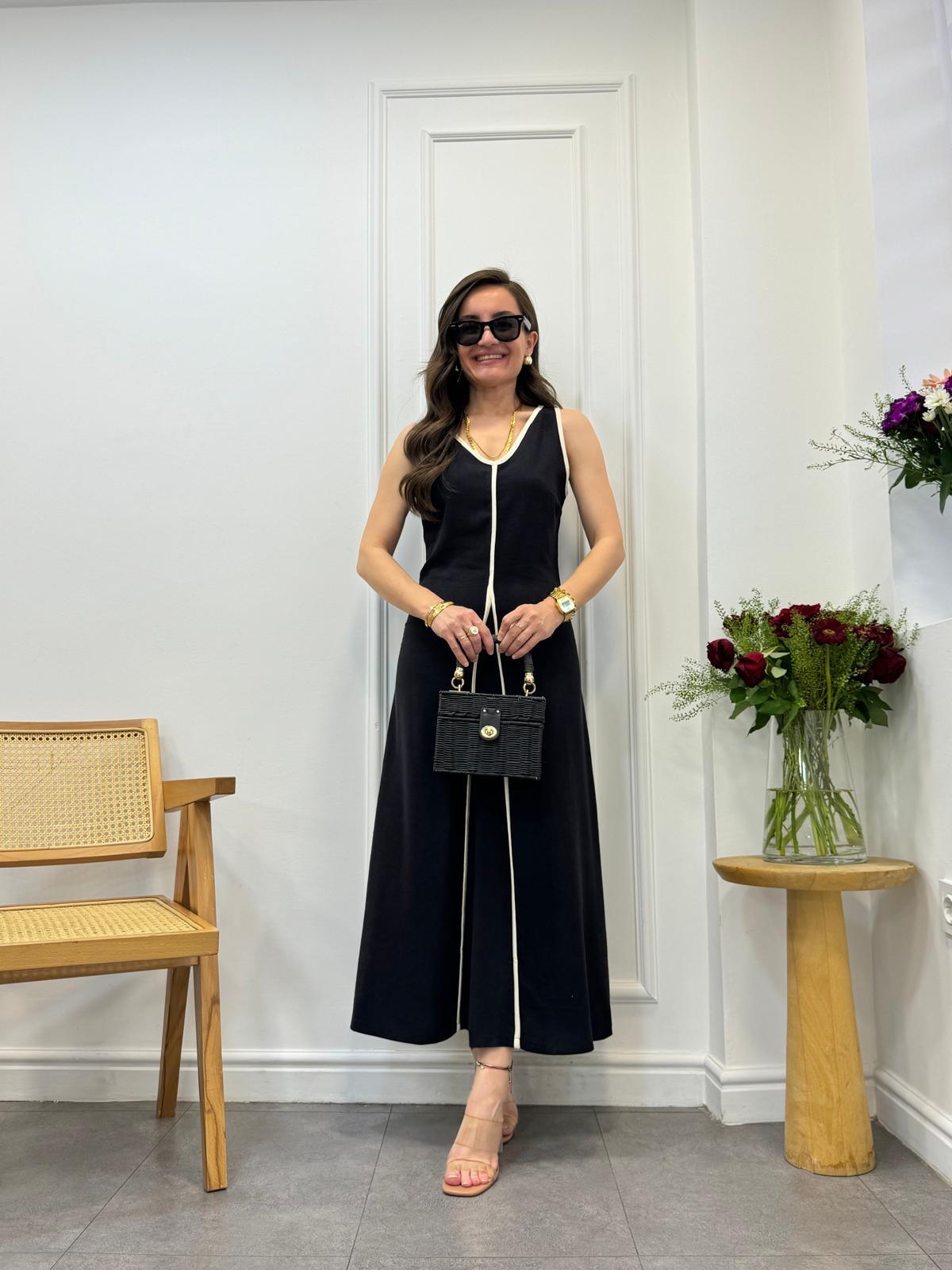 Siyah V Yaka Biyeli Keten Elbise 028